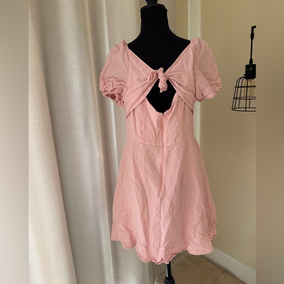Loft Linen Pink Tie-Back Mini Dress Puff Shoulder Fit and Flare Size 6 - Picture 3 of 5